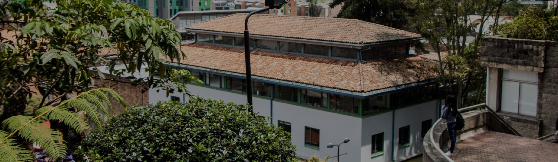 Edificio Rgc Facultad de Derecho de la Universidad de los Andes. Se ve parte de la fachada y del techo del edificio.