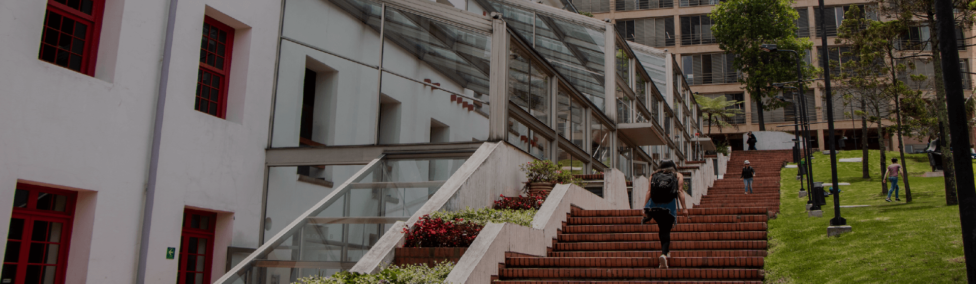 Pregrado y posgrados de la Facultad de Derecho. Se visualizan dos edificios de la Universidad y parte de El Bobo. Estudiante subiendo por unas escaleras.