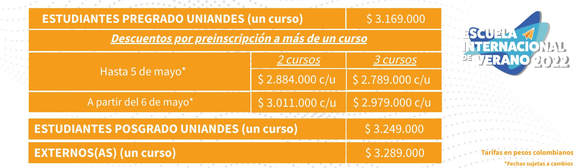 Tarifas Escuela Internacional de Verano 2022 | Derecho | Uniandes