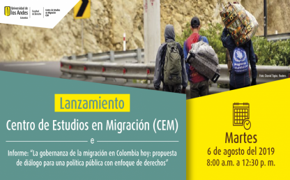 Lanzamiento del Centro de Estudios en Migración (CEM). Tres hombres caminando por una carretera, con morrales en sus espaldas.